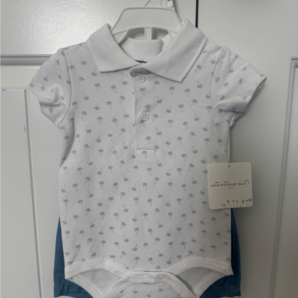 White and Blue Palm Tree Baby Onesie and Shorts Set